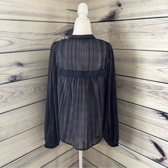 Lucky Brand Blue Striped Boho Balloon Sleeve Peasant Blouse - Picture 10 of 12